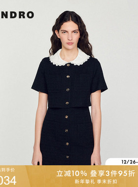 线上限定SANDRO秋冬女装法式甜美黑色镂空花边领假两件花呢连衣裙