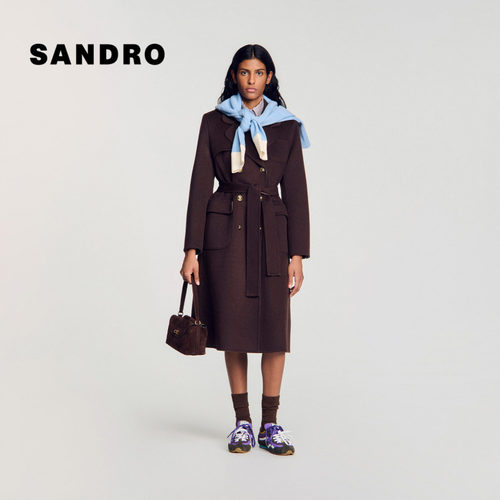 SANDRO翻领腰带贴袋绵羊毛外套