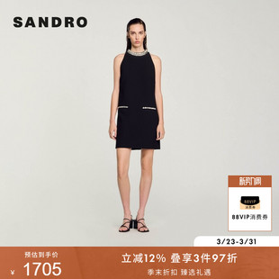 短款 SANDRO秋冬女装 黑色方形仿钻挂脖无袖 时尚 连衣裙 高知风法式