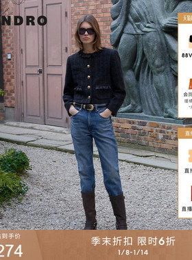 季末6折SANDRO2025秋冬新款女装黑色木耳花边领圆领短款花呢外套