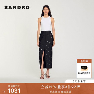 优雅黑色前开衩仿钻包臀直筒半身裙长裙 时尚 SANDRO秋冬女装 法式
