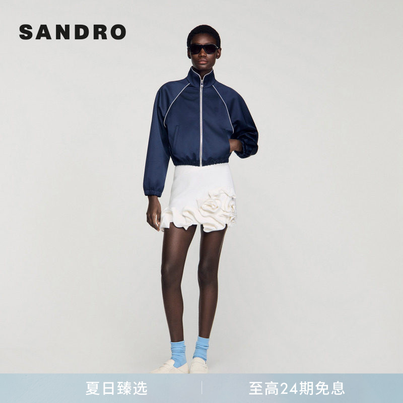 SANDRO2026夏季新款女装法式简约立领撞色明线装饰斜插口袋夹克