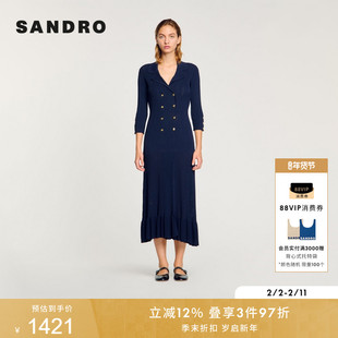 SANDRO2025秋冬女装气质优雅深蓝色V领双排扣荷叶边针织连衣裙