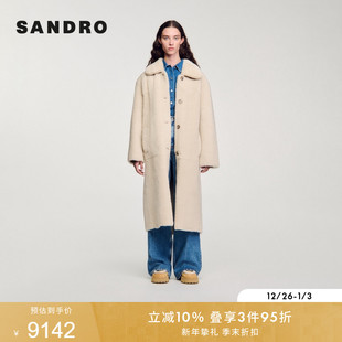 毛呢大衣外套 简约质感羊毛革翻领系扣绒面长款 SANDRO秋冬女装 法式