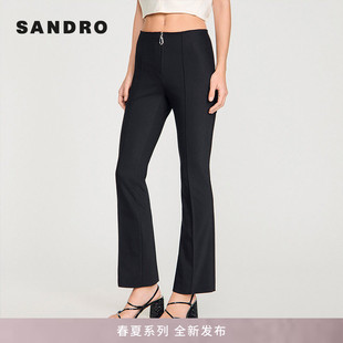 SANDRO2026春夏新款 法式 黑色拉链门襟垂直缝线高腰微喇长裤 女装