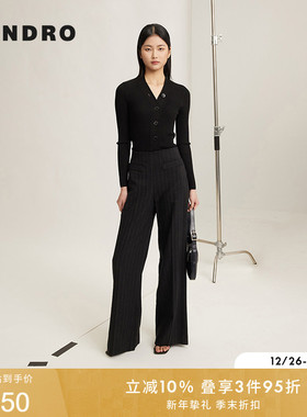 SANDRO秋冬女装经典款logo条纹编织黑色V领修身打底衫内搭上衣