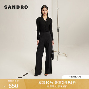 打底衫 SANDRO秋冬女装 logo条纹编织黑色V领修身 款 内搭上衣 经典