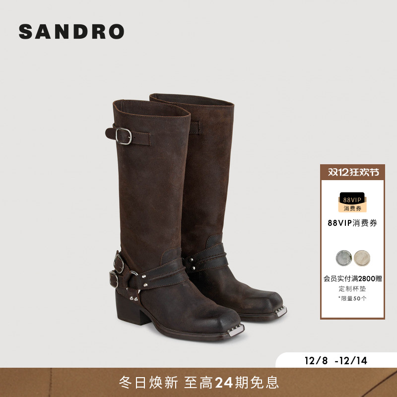 SANDRO金属扣粗跟牛皮革长筒靴