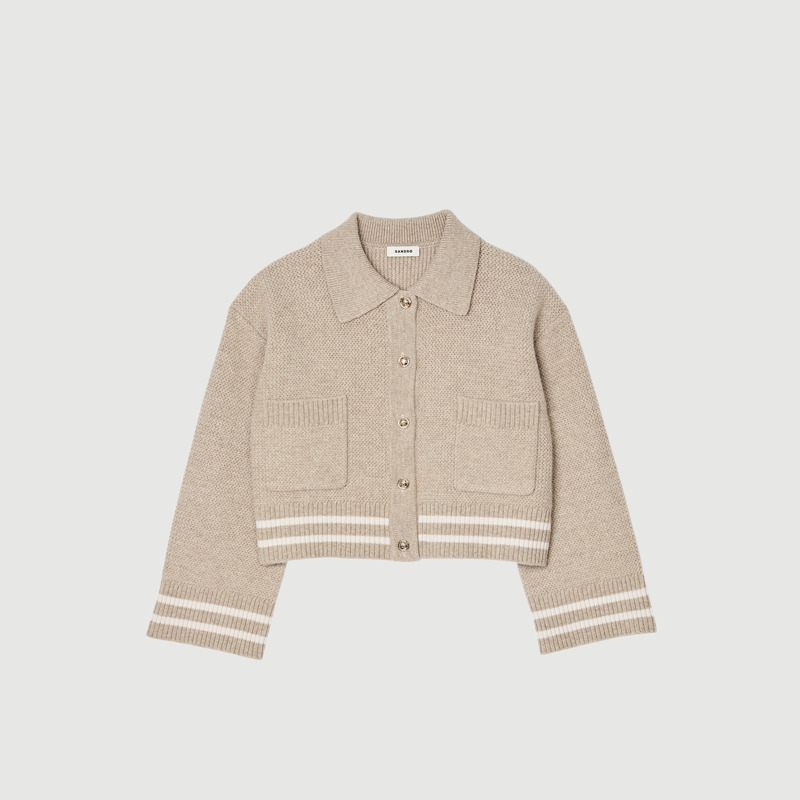 【七七酱直播间】SANDRO女装法式美拉德绵羊毛条纹撞色针织开衫