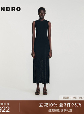 SANDRO女装法式时尚简约拼接仿钻流苏裙摆黑色圆领无袖长款连衣裙