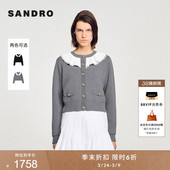 末6折SANDRO2025秋冬新款 针织开衫 女装 灰色撞色荷叶领短款 法式 季