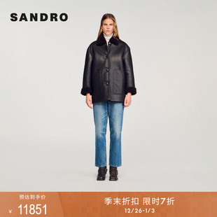 都市游牧复古羊皮革黑色毛领皮衣 女装 季 末7折SANDRO2025秋冬新款