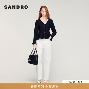 法式 女装 时尚 荷叶下摆褶皱木耳边袖 SANDRO2026春季 口针织开衫 新款