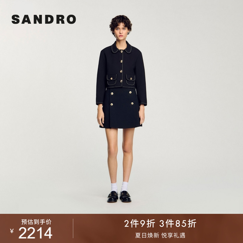 SANDRO女装法式时尚休闲简约气质黑色明线装饰翻领口袋短款外套