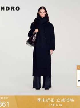 SANDRO秋冬女装法式简约时尚绵羊毛黑色围巾领双排扣大衣毛呢外套
