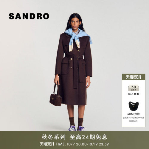 SANDRO翻领腰带贴袋绵羊毛外套