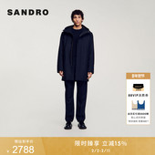 简约时尚 SANDRO秋冬男装 法式 休闲深蓝色连帽拉链门襟棉服外套上衣