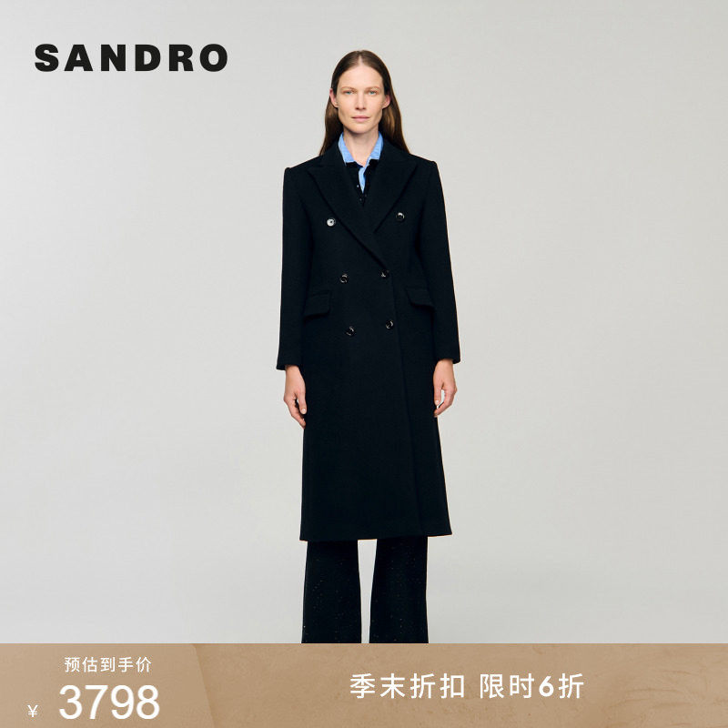 季末6折SANDRO2025秋冬女装法式简约黑色双排扣羊毛混纺毛呢大衣