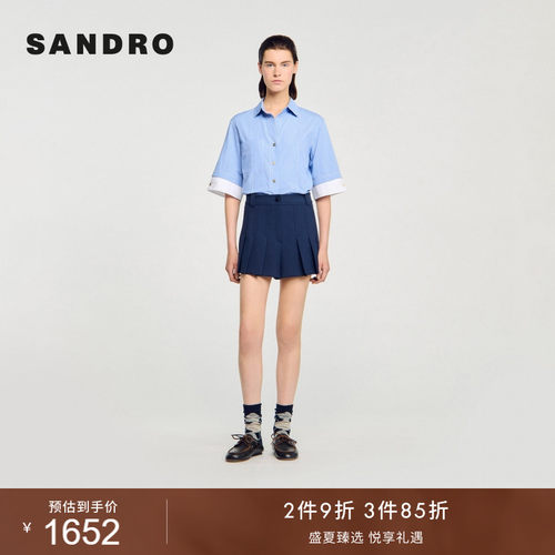 SANDRO女装法式深蓝高腰百褶短裤