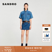 季 棉质深蓝色明线皮革腰牛仔裙 法式 末7折SANDRO2025秋冬新款 女装