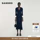 女装 法式 气质时尚 SANDRO2025秋冬新款 深蓝色喇叭袖 V领针织连衣裙