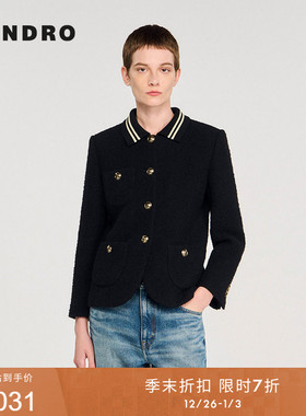 季末7折SANDRO2025秋冬新款女装法式黑色针织条纹短款花呢外套