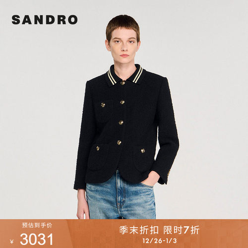 SANDRO针织条纹领黑色花呢外套