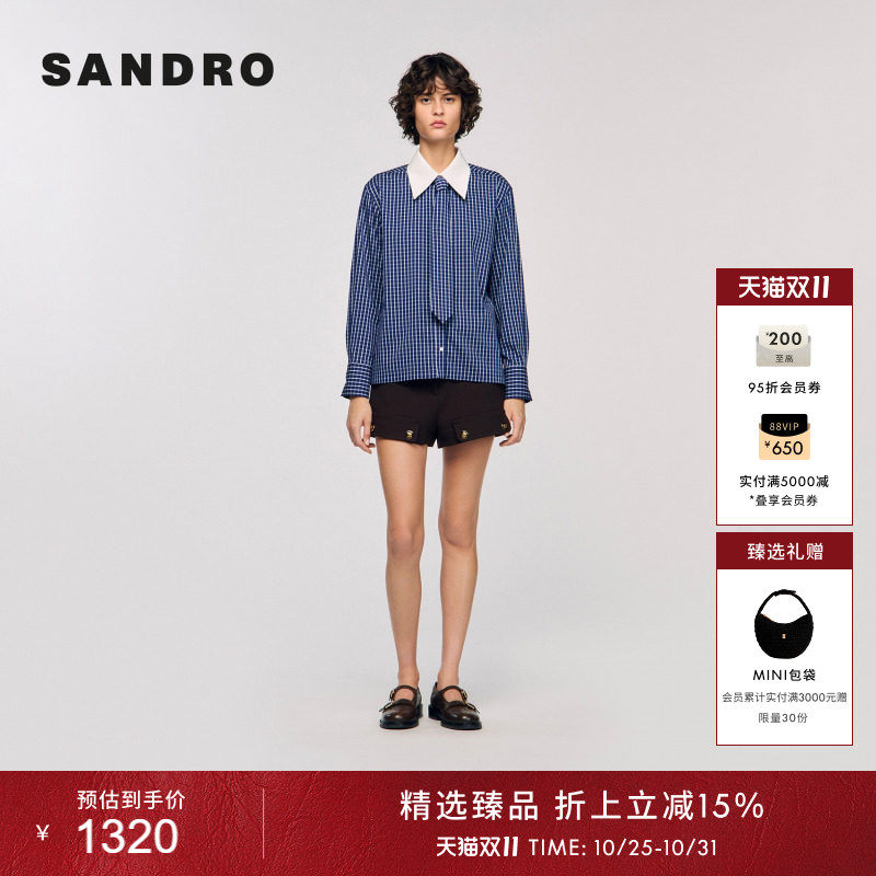 线上专享SANDRO女装摩登通勤棉混纺格纹可拆卸领带翻领长袖衬衫