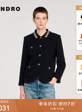 季末7折SANDRO2025秋冬新款女装法式黑色针织条纹短款花呢外套