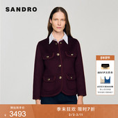 季 外套 绵羊毛紫红色编织饰边短款 末7折SANDRO2025秋冬新款 女装