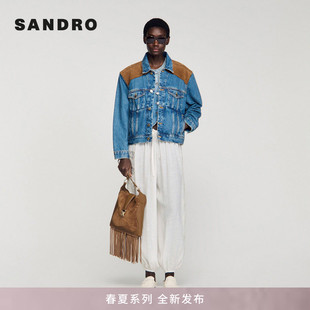 女装 米卡同款 SANDRO2026春夏新款 棉质皮革拼接肩牛仔夹克 法式