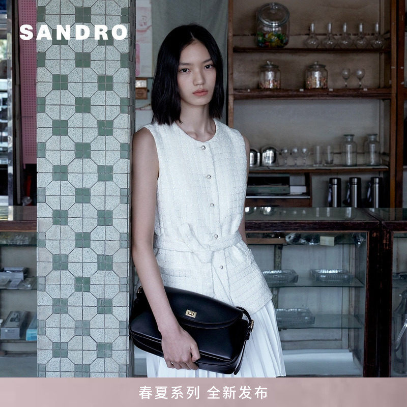 SANDRO2026春夏新款女装无袖粗花呢马甲拼百褶裙下摆假两件连衣裙