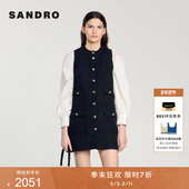 末7折SANDRO秋冬女装 法式 黑色多口袋亮色扣无袖 季 短款 花呢连衣裙