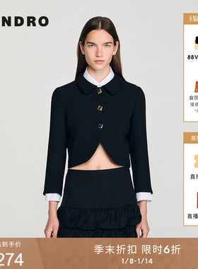 季末6折SANDRO2025秋冬新款女装黑色翻领V型下摆七分袖短款外套