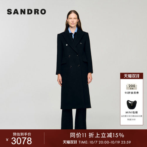 黑色双排扣过膝毛呢大衣