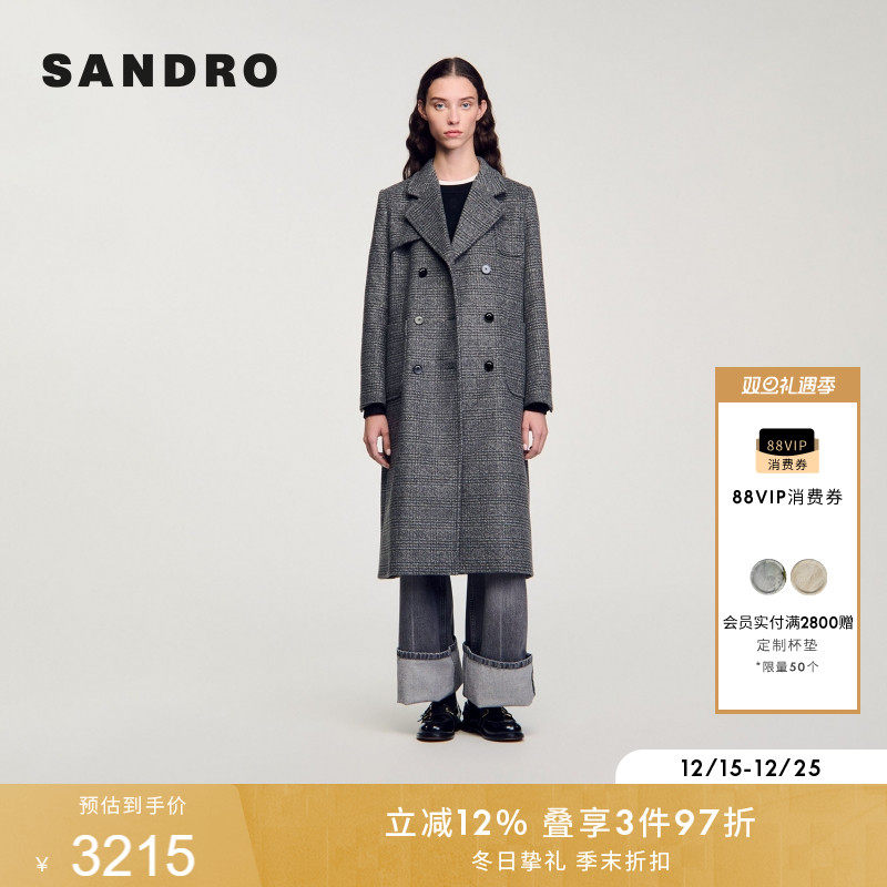 SANDRO女装法式复古格纹大衣外套
