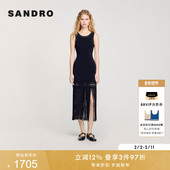 气质优雅时尚 SANDRO2025秋冬女装 法式 黑色编织流苏针织连衣长裙