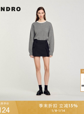 SANDRO秋冬女装法式气质时尚黑色简约拼接压褶侧面口袋短款半身裙