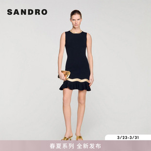 黑色亮片镶边无袖 SANDRO2026春季 法式 女装 收腰荷叶边连衣裙 新款