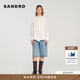 SANDRO博主同款2025秋冬新款女装法式白色桑蚕丝系带领宽松衬衫