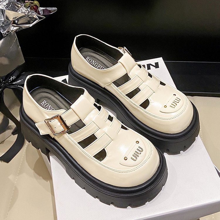品牌法式罗马凉鞋女夏季厚底松糕猪笼鞋2025新款皮鞋外穿镂空单鞋