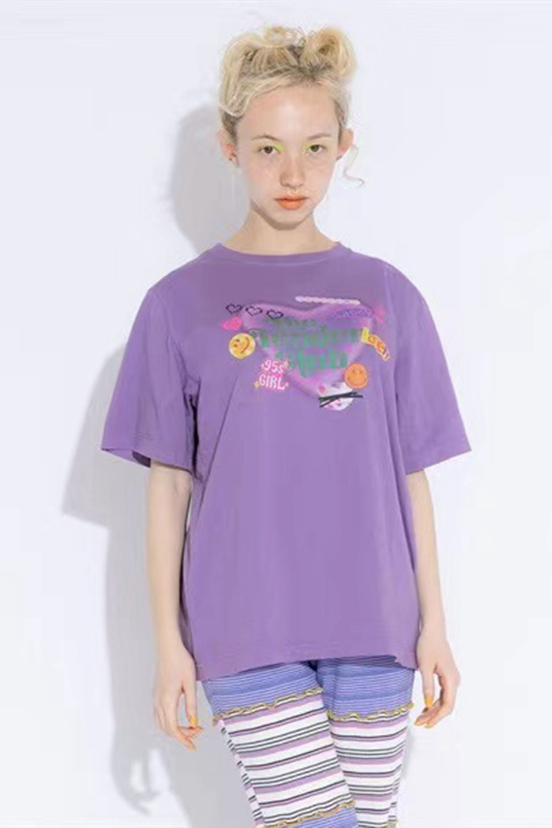 美式复古爱心字母小众紫色t恤女短袖宽松显瘦重磅纯棉圆领夏大tee