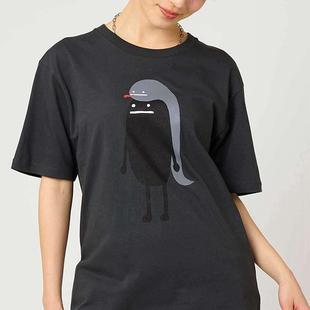 日系小众影子先生戴蛇卡通重磅纯棉t恤女短袖夏季圆领亲子装上衣