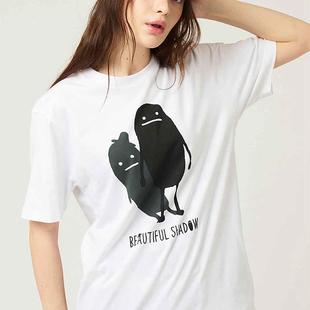日系小众影子先生好朋友重磅纯棉t恤女短袖夏季圆领亲子装上衣tee