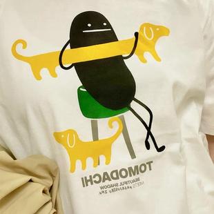 日系小众影子先生抱腊肠狗可爱重磅纯棉t恤女短袖夏季圆领亲子装