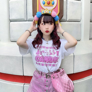 日系可爱卡通印花t恤夏女小众宽松大款重磅纯棉甜美圆领夏季上衣