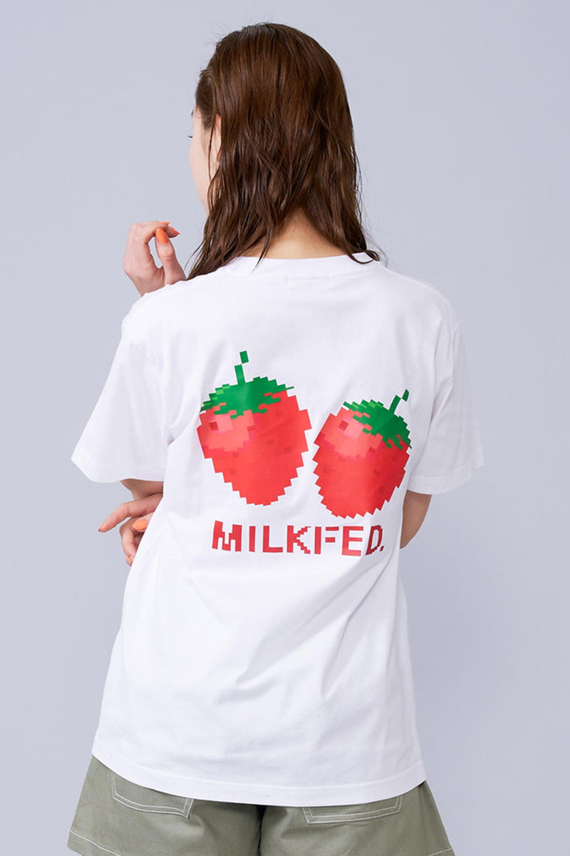 日系可爱milk像素草莓水果白色t恤女短袖短款重磅纯棉亲子上衣tee