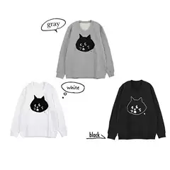 Japanese-Style Cute Trendy Surprised Cat Big Head Print Round Neck Pullover Cartoon Sweatshirt for Women, Pure Cotton Loose Fit Trendy Top