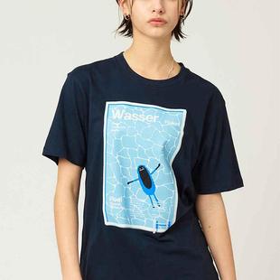 日系小众影子先生渡假重磅纯棉t恤女短袖藏青色夏季圆领亲子装tee