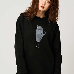 日系小众影子先生举猫猫可爱卡通纯棉t恤女长袖春秋外穿休闲上衣